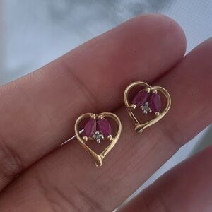 10kt Gold Heart Shaped Ruby Diamond Earrings